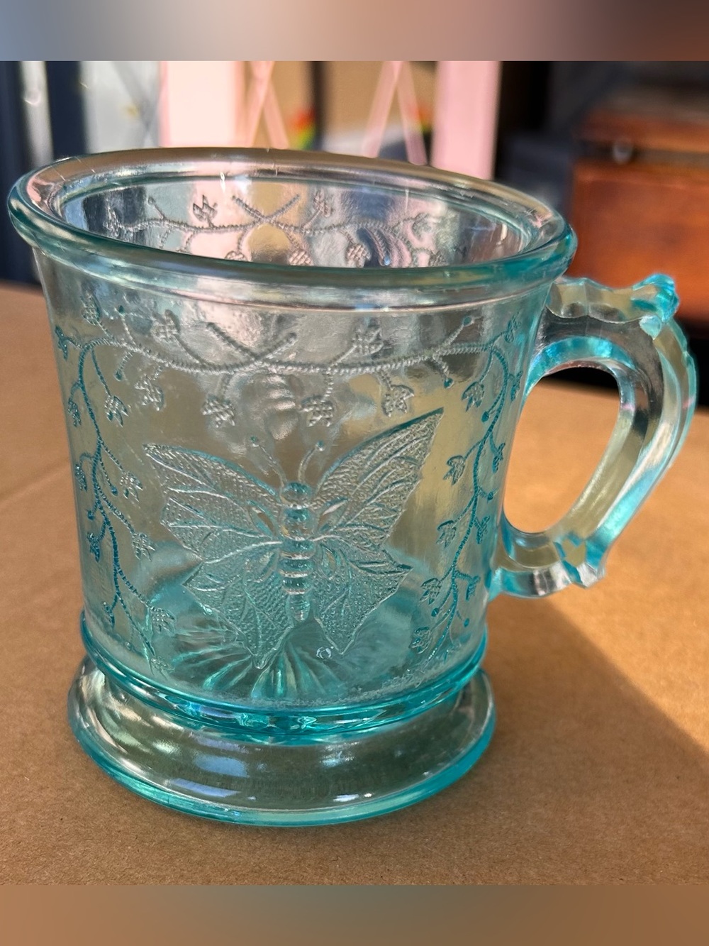 Antique Vintage Pressed Glass Butterfly Baby Mug 1930s
